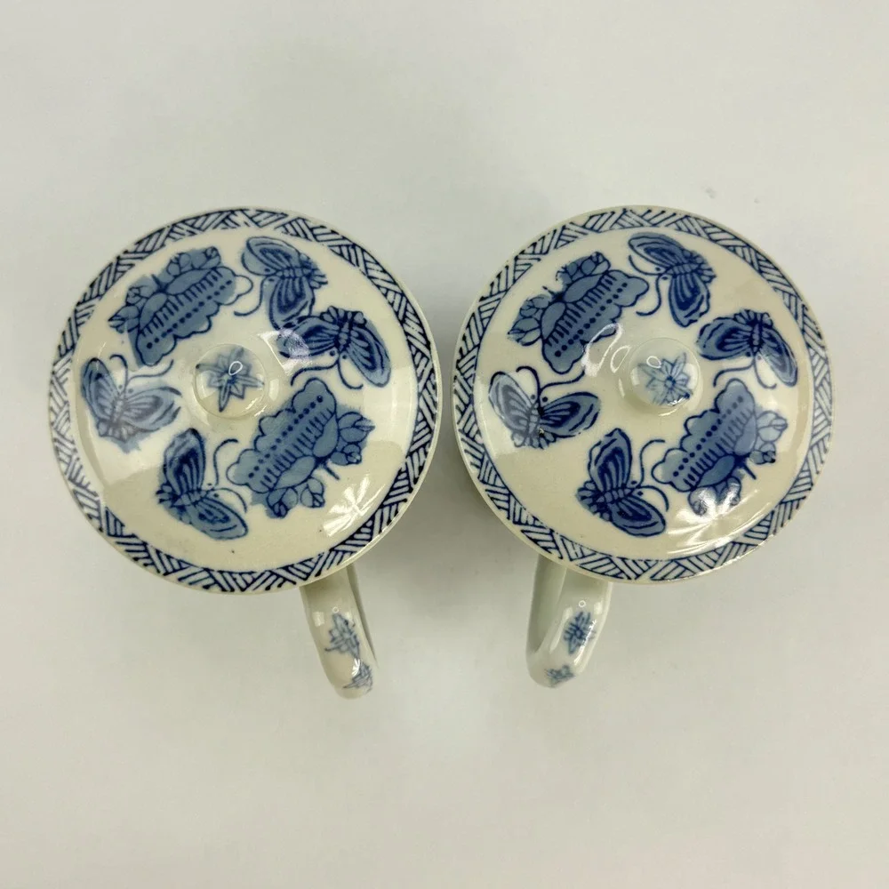 Williams‎ Sonoma Blue and White Porcelain Lidded Tea Mugs Butterfly Grapes Set 2